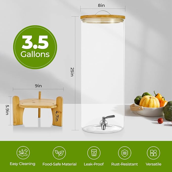 Beverage Dispenser 3.5 Gallon with Spigot Glass Water Dispenser for Parties, Bars, Restaurants (13L）with Wood Stand Drink Dispensers