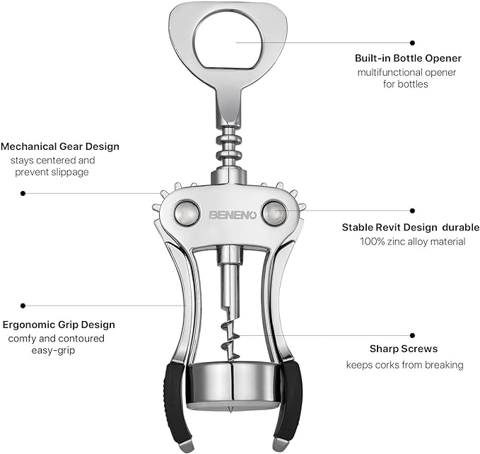 Beneno Wine Opener, Zinc Alloy Premium Wing Corkscrew with Multifunctional Bottles Opener, Sharp Wine Corkscrew with Ergonomic Non-Slip Wing Handle, Upgrade