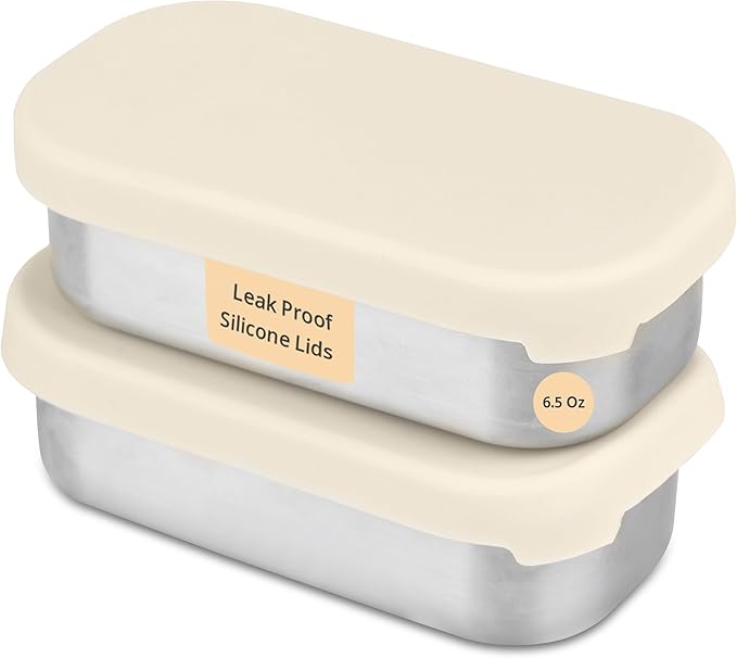Flexibento - 2 x 6.5 oz | Leak proof | Small Stainless steel Snack Containers with Silicone lids|Dip and condiment containers | Plastic and BPA free | Metal Lunch box | Vanilla (set of 2)