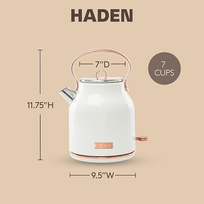 Haden Heritage 1.7 Liter Stainless Steel Electric Kettle, Hot Water Kettle with 360-Degree Base and Auto Shutoff, Ivory & Copper