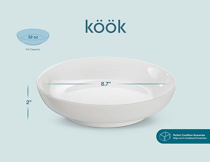 KooK Pasta Bowl, Set of 6, Salad Bowl, Large, Ceramic, Microwave and Dishwasher Safe, for Soups, Shallow Serving Bowls, 32 oz, (White)