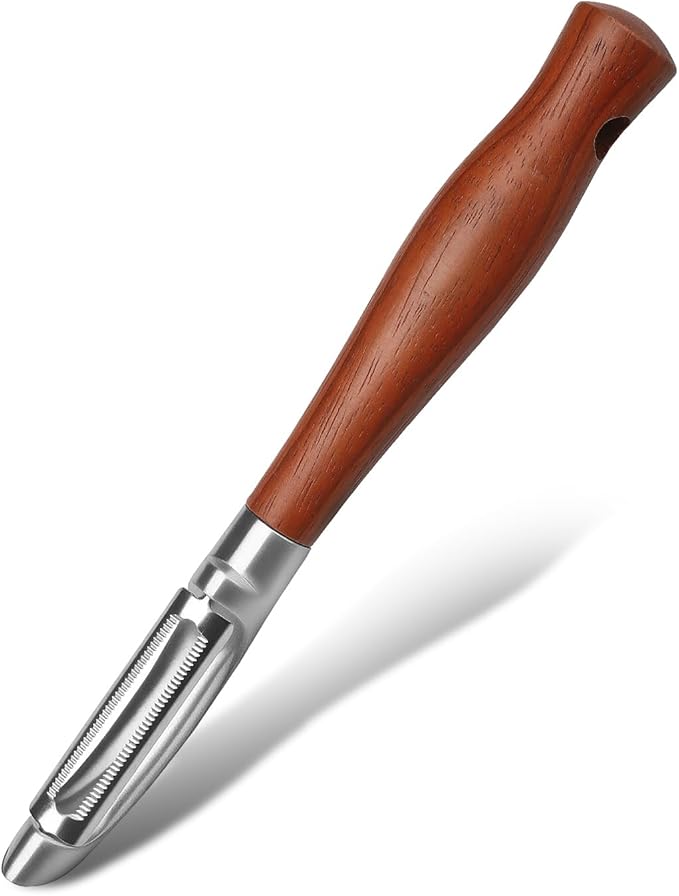 Peeler, Japanese Stainless Steel Blade with Non-Slip Real Wood Handle, Ultra Sharp Potato Peeler for Kitchen, Apple, Cucumber & Carrot I-Shaped Peeler – Serrated Blade