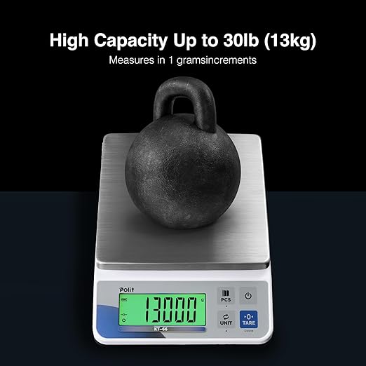 Polit Digital Kitchen Scale KT-66 30lb/13kg｜0.05oz/1g Precision Food Scale with LCD Display｜Battery or Plug-in｜Stainless Steel Top｜Grams, Ounces, Pounds｜5 Units for Baking, Farming & Shipping Scale