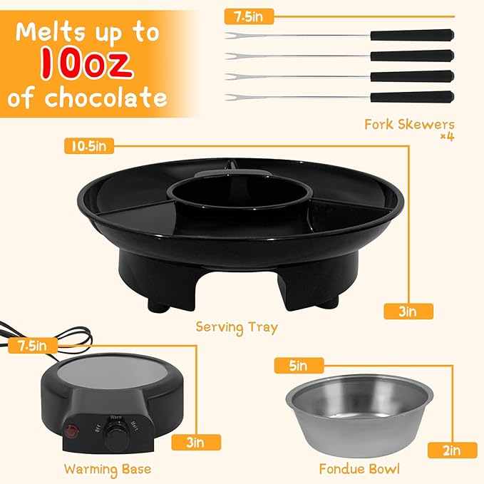 Fondue Pot Electric Set for Chocolate and Nacho Cheese, Chocolate Fondue Kit with Dipping Forks, Temperature Control, 9-ounce Detachable Bowl, Gift Set Date Night Idea Movie Night Game Night Gift Set