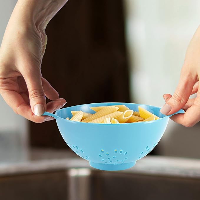 Meadow Lane 6-inch Small Colander, BPA-Free, Dishwasher Safe, Double Handles, Compact Food Strainer for Berries, Veggies and Pasta, 3-Cup Capacity, Light Blue