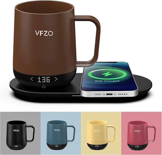Temperature Control Smart Mug, Self Heating Coffee Mug LED Display, 180 Min Battery Life - Hot up to 149℉ Fast Wireless Charger Base Improved Design (12oz, Coffee)