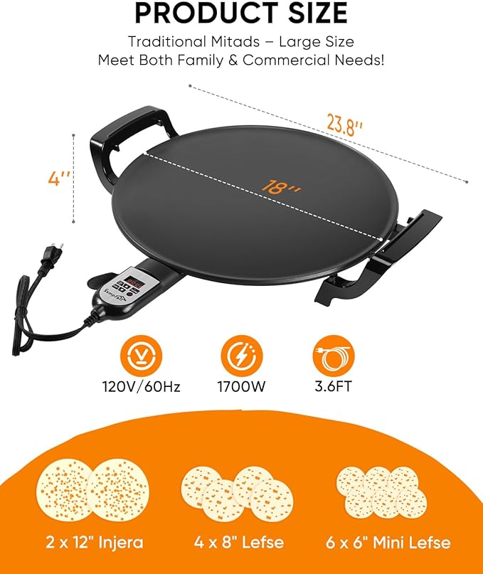 18.5" Ethiopian Injera Maker Mitad (Mogogo) Electric Griddle Adjustable Temperature & Time, Non-Stick Surface, Even Heating, Maker Norwegian Lefse, Swedish Pancake, Indian Dosa & Flatbreads