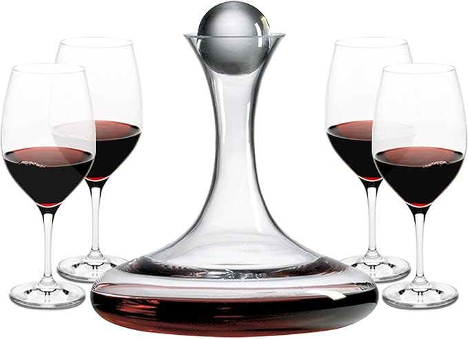 Ravenscroft Crystal | European-Made Decanter Gift Set |1 Handblown Decanter with Stopper (65 Fl Oz) and 4 Wine Glasses (21 Oz) | 100% Lead-Free Crystal