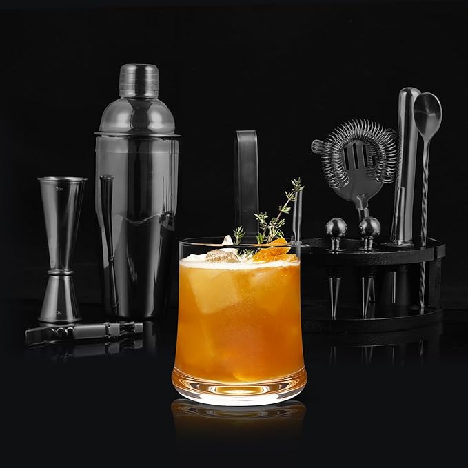 Bartender Kit with Stand, 12-Piece Bar Set | 24oz Cocktail Shaker Set for Drink Mixing, Martini Shaker Set with Bar Tools, Recipes Booklet | Fun Housewarming Gift (Black)