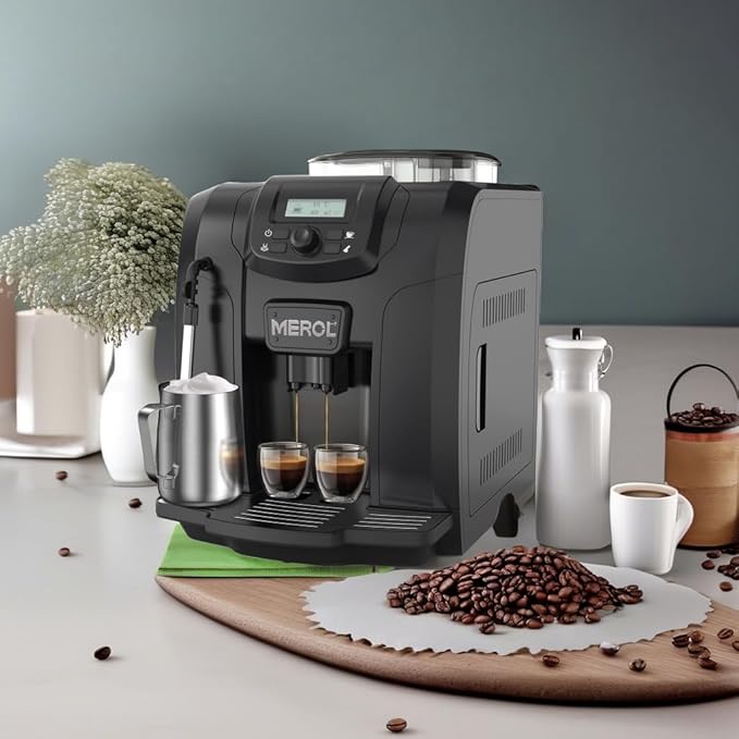 MEROL Fully Automatic Espresso Coffee Machine, 19 Bar Cafe Maker Built-in Adjustable Grinder and Manual Milk Frother Steam Wand, for Cappuccino Latte Macchiato, for Coffee Lover, ME-715, Black