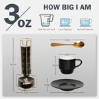 Lareina Porcelain 3-Ounce Espresso Cups Set of 6, Small Stackable Coffee Cups with Saucers, Spoons and Metal Stand - Ceramic Demitasse Mugs, Double Shots Expresso Cup, Matte Black