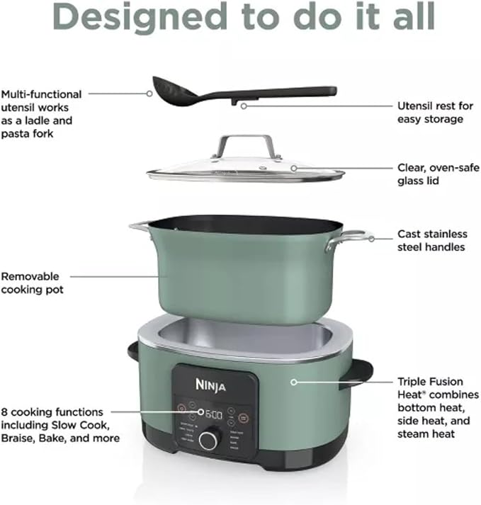Ninja Foodi PossibleCooker PRO MC1000 8.5Qt Multicooker 8 in 1 Slow Cooker, Dutch Oven, Steam Bake Roast Sear Sauté Bread Maker Warmer, Glass Lid, Integrated Spoon, Nonstick (Sage Green)