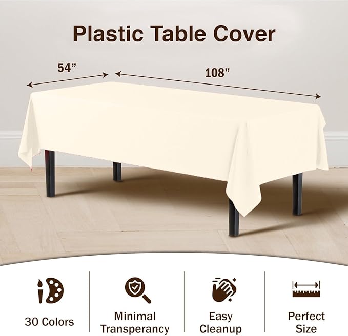 Party Solids 12-Pack Premium Plastic 54-Inch-by-108-Inch Rectangle Tablecloth, Ivory