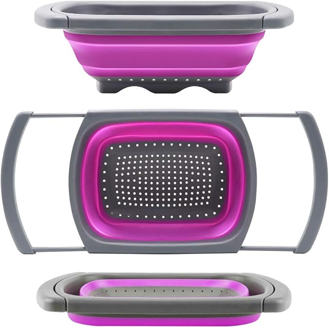 Qimh Collapsible Colander, Kitchen Colander Set Over Sink Strainer Veggies/Fruit Colanders Strainers with Extendable Handles, Dishwasher Safe Folding Strainer for Kitchen, 6-Quart, BPA Free