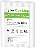 HytusCooking Vacuum Sealer Rolls, 3 Rolls 8" x 20', BPA-Free, Heavy Duty Multi-Layer Commercial Grade Food Storage Bags for Sous Vide & Meal Prep, Custom Sizes
