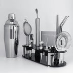 Cocktail Shaker Set Bartender Kit with Stand - 16 Piece Bar Tool Set Drink Mixer Set Includes : 25oz Shakers, Jigger, Strainer, Mixer Spoon, Muddler, Liquor Pourers, Straw (Silver)