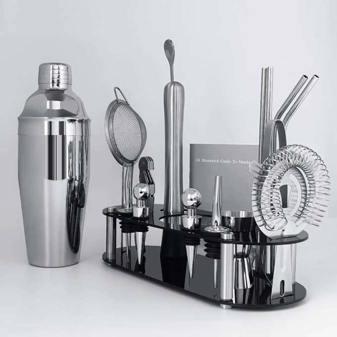 Cocktail Shaker Set Bartender Kit with Stand - 16 Piece Bar Tool Set Drink Mixer Set Includes : 25oz Shakers, Jigger, Strainer, Mixer Spoon, Muddler, Liquor Pourers, Straw (Silver)