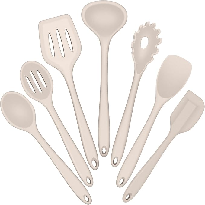 E-far Silicone Cooking Utensils Set, 7-Piece Khaki Heat Resistant Kitchen Utensils Set, Kitchen Nonstick Tools Spatula Ladle Spoon Pasta Server for Non-stick Cookware, Non-Toxic & Dishwasher safe