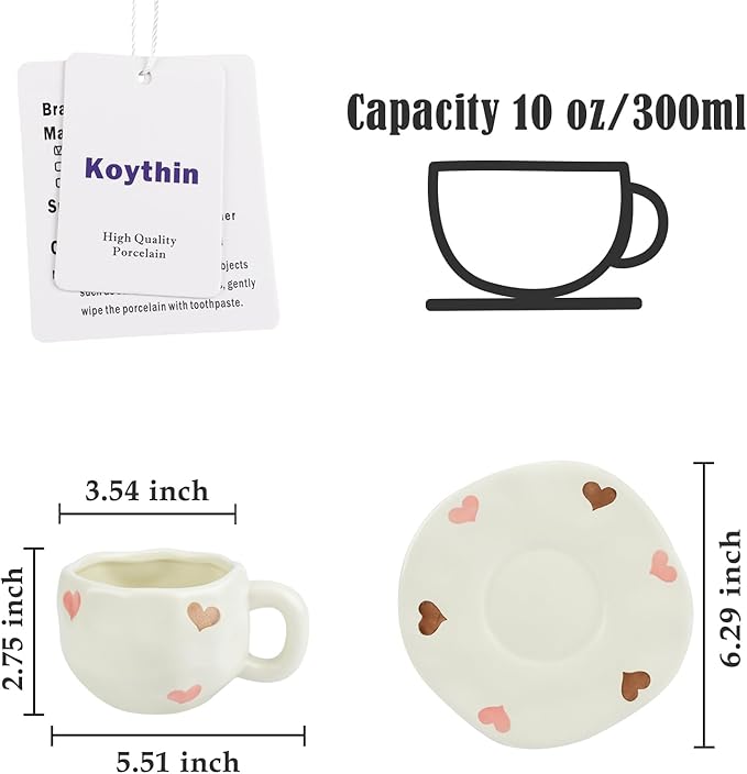 Koythin Ceramic Coffee Mug with Saucer Set, Cute Love Cup Unique for Office and Home, 10 oz/300 ml for Latte Tea Milk