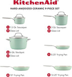 KitchenAid Hard Anodized Ceramic 9-Piece Nonstick Cookware Set – Includes Fry Pans, Saucepan, Stockpot, Durable, Even Heating, Oven Safe to 500°F, Pistachio