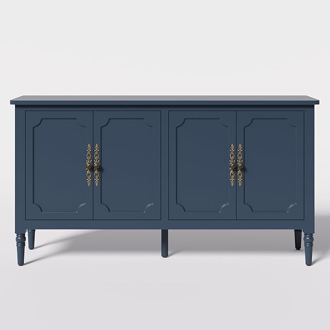 Console Cabinet, 58'' Mid Century Modern Pantry Cabinet, Wood Buffet Cabinet, Media Cabinet with 4 Doors, Accent Cabinet for Entryway, Living Room, Dining Room (Blue)