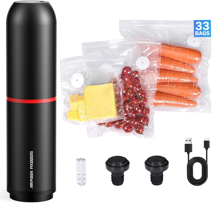 AIRMSEN Handheld Vacuum Sealer for Food with 33 PCS Reusable Bags and 2 PCS Vacuum Wine Sealer for Food Preservation & Fresh, Kitchen Leftover Preservation, Meal Prep and Sous Vide Cook