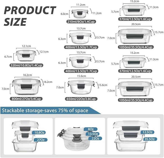 GC GENICOOK [10-Pack Glass Meal Prep Containers with Lids, Food Storage Containers with Snap Locking Lids, Airtight Lunch Containers, Microwave, Oven, Freezer and Dishwasher