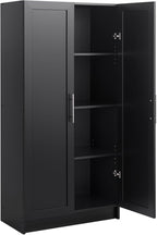 Prepac Elite Accent Cabinet with Panel Doors, Black Storage Cabinet, Bathroom Storage, Pantry Cabinet with 3 Shelves 16.75" D x 32" W x 65" H