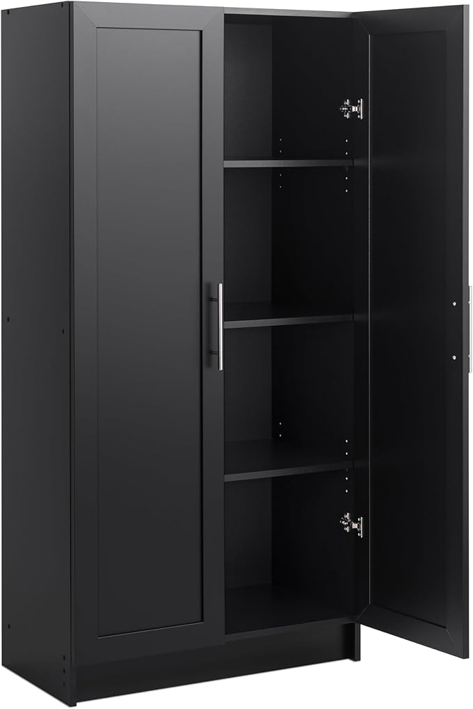Prepac Elite Accent Cabinet with Panel Doors, Black Storage Cabinet, Bathroom Storage, Pantry Cabinet with 3 Shelves 16.75" D x 32" W x 65" H