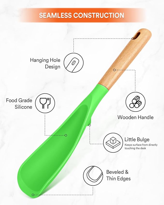 Cooking Spoon for Nonstick Cookwares, Great for Cooking and Serving Sturdy BPA-Free Matte Silicone, Wood Handle Spoon for Mixing, Scoop, and Scrape (Apple Green)