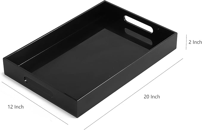 Glossy Black Sturdy Acrylic Serving Tray with Handles-12x20Inch-Serving Coffee,Appetizer,Breakfast,Butler-Kitchen Countertop Tray-Makeup Drawer Organizer-Vanity Table,Ottoman Tray-Decorative