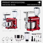 VIVOHOME 3 in 1 Multifunctional Stand Mixer with 6 Quart Stainless Steel Bowl, 650W 6 Speed Tilt-Head Meat Grinder, Juice Blender, Red