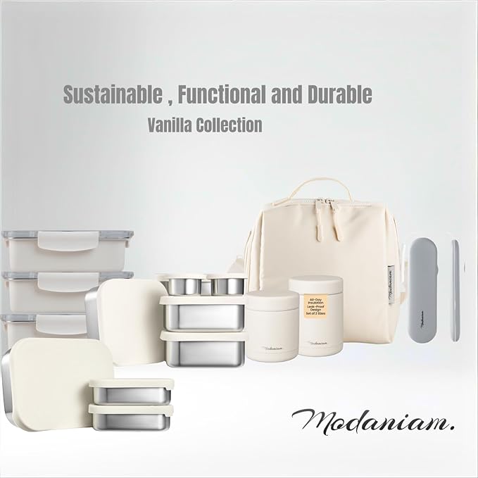 Flexibento - Leak proof Stainless Steel Lunch Box | Lunch Containers with Lids | Steel Bento Box |Metal lunch Box|1*25 OZ+ 2*13 OZ + 2 *2 OZ| Set Of 5 |Vanilla (Vanilla 52 Oz Set (set of 5))