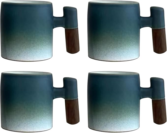2-Oz Ceramic Espresso Cups with Wood Handle, 2/4-Piece Set for Coffee, Tea, Latte - Dishwasher Safe, Multi-Color & Wood Styles, Gift & Café Use (blue white, Wooden Handle4)
