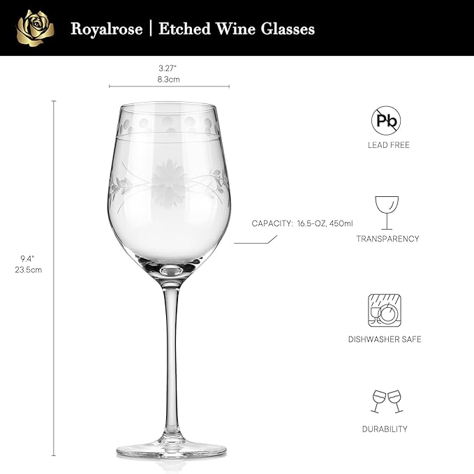 Premium Delight Wine Glasses Set of 4,16.5 oz – Hand-Blown with Etched Long Stem, Classic Glassware for Weddings, Dinners, and Holiday Gifting (Red Wine Glass)