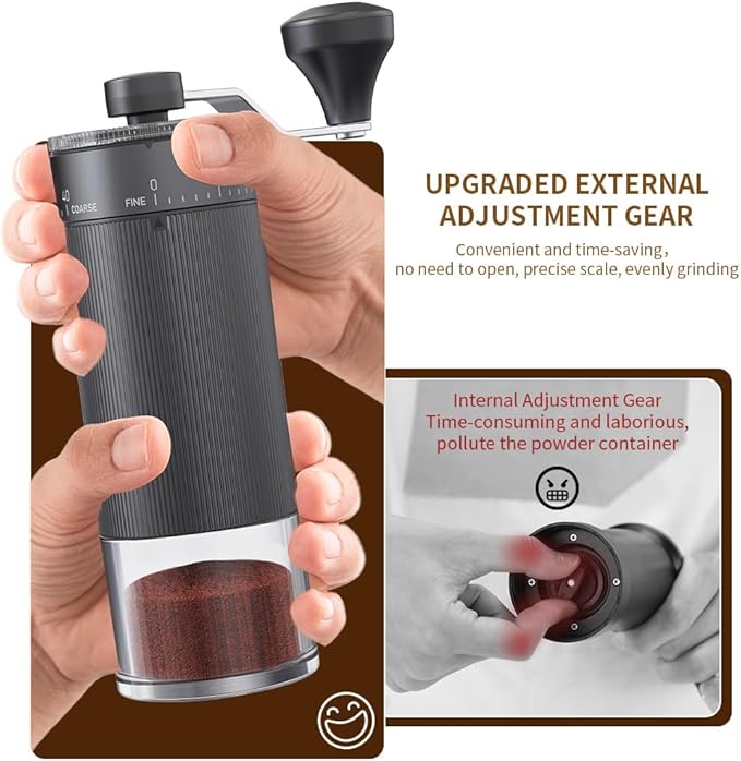 Hand Coffee Grinder Conical Burr for Espresso French Press Pour Over Double Bearing External Adjustment Capacity 25g (Ceramic Burr-Black)