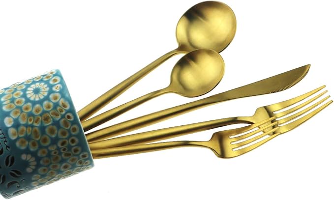 Gugrida 5-Piece 18/10 Stainless Steel Matte Gold Flatware Set - Dishwasher Safe, Perfect for Home, Office, or Travel