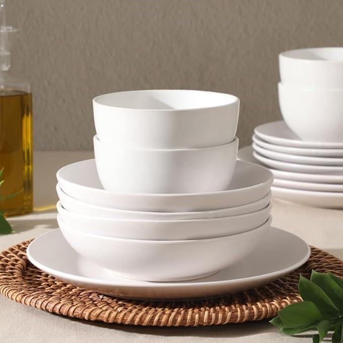 Gibson Home Queenslane 16 Piece Plates and Bowls Dishes Stoneware Ceramic Dinnerware Sets - Matte White
