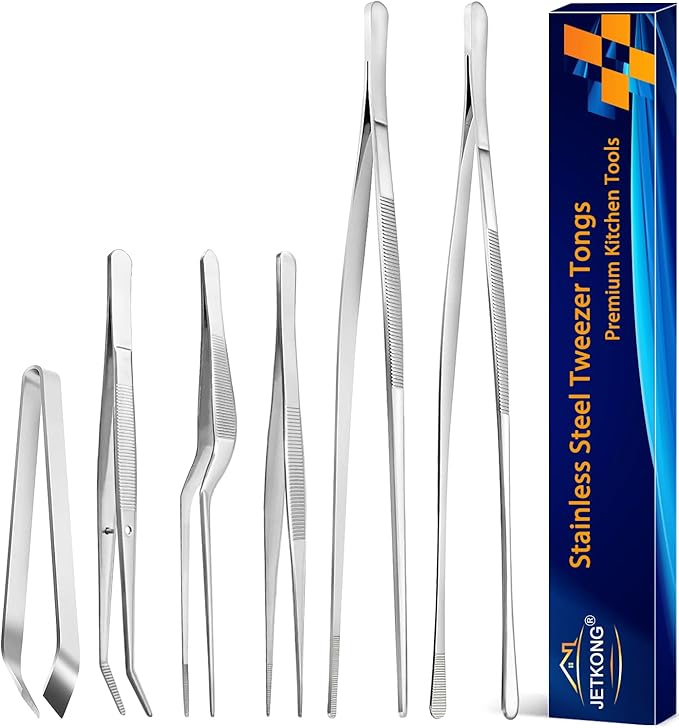 JETKONG 6 Pcs Cooking Tweezer Tongs, 12'' and 6.3" Stainless Steel Kitchen Tweezer Set, Professional Chef Tweezers for Cooking, Repairing, Sea Food, BBQ, Multi-use