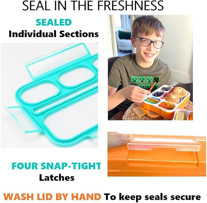 kinsho Bento Box with Lunch Bag and Ice Pack Set | Two Boxes, insulated Bags, Cold Packs for Kids Adults, Value Meal Containers for School Lunches or Snack, 6 Compartments BPA Free, Teal and Orange