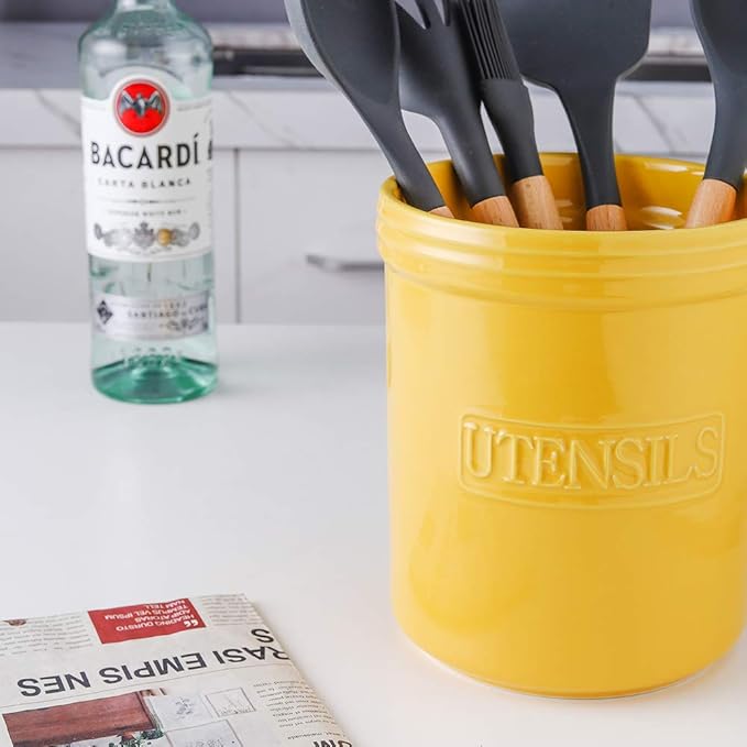 KOOV Cooking Utensil Holder, Large Ceramic Utensil Crock, Deep and Stable, Utensil Caddy for Countertop Letter Series (Yellow)