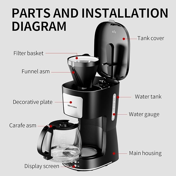 12-Cup Drip Coffee Maker with Reusable Filter,Programmable Clock,Auto Brew,Water Window,Keep Hot Plate,Glass Carafe,Compact Design for Kitchen,Office,Silver and Black,Stainless Steel