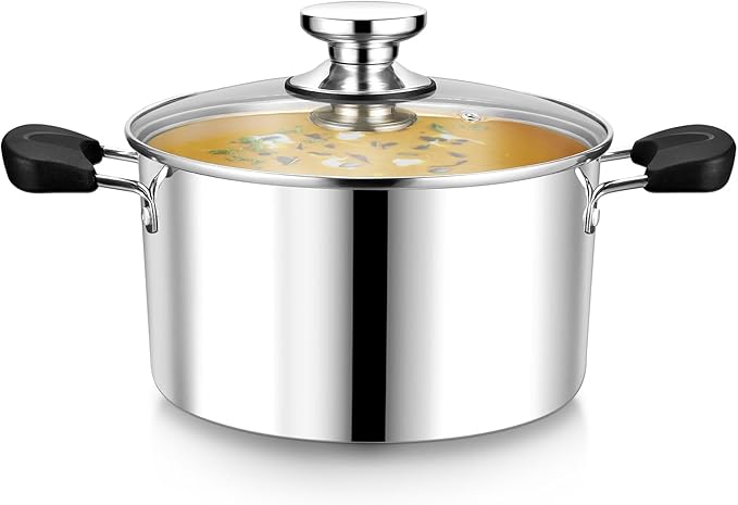 4 Quart 3-Ply Cooking Stock Pot with Lid, P&P CHEF Stainless Steel Large Pot for Pasta Soup, Work on Multi Stove, Heavy Duty & Dishwasher Safe, Dual Heat-resistant Handles & Visible Lid