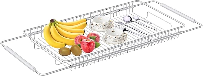 Stainless Steel Extendable Dish Drying Rack - Over Sink, Vegetable & Fruit Rinse Rack, Foldable, Space-Saving, Premium 304 Stainless Steel
