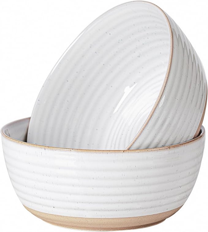 Large Serving Bowls Set of 2, 8 inch & 60 oz Salad Bowl, Bowls for Kitchen, Ceramic Bowl for Salad, Soup, Ramen, Popcorn, Chip, Farmhouse Kitchen Decorative, Vanilla White