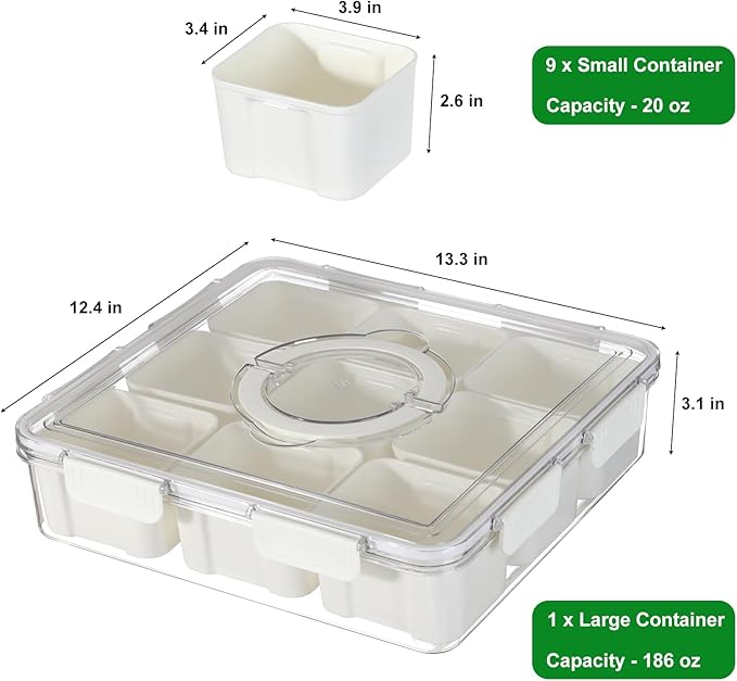 Taiuloo Divided Serving Tray with Lid & Handle, Airtight 9 Compartment Snackle Box Charcuterie Container, Fridge Organizer Bins, Food Storage Container Veggie Tray for Snack, Fruit, Candy, Nuts