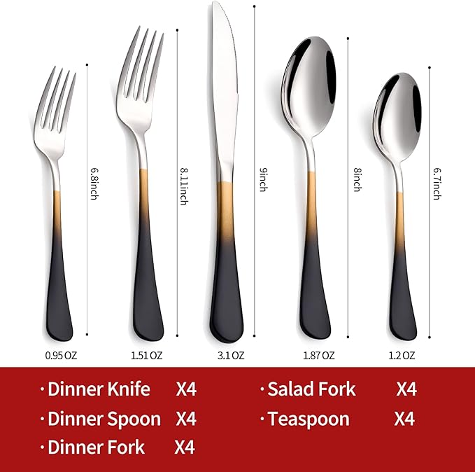 Colorful Silverware Set 20 Piece 18/0 Stainless Steel Flatware Black and Gold Handle Cutlery Set Service for 4 Fork Knife Spoon Set Mirror Finish Dishwasher Safe