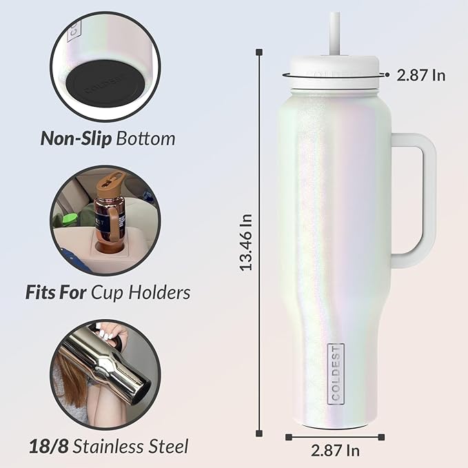 Coldest Tumbler with Handle and Straw Lid | 3 Lids Insulated Reusable Stainless Steel Water Bottle Travel Mug | Gifts for Women Him Her | Limitless Collection (46 oz, Cosmic Ice Glitter)