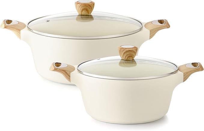 SENSARTE Ceramic Nonstick Stock Pot with Lid, 4.5+6.6 QT Soup Pot Set Casserole Pot, Non-toxic Healthy Pasta Pot, Large Cooking Pot Stew Pot, Induction Compatible, PFOA PFAS PTFE Free, White