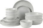 Gibson Elite Menlo Park 16-Piece Pottery Clay Stoneware Dinnerware Set – White Reactive Glaze, Embossed Plates and Bowls W/Pasta Bowl, Service for 4 – Microwave & Dishwasher Safe